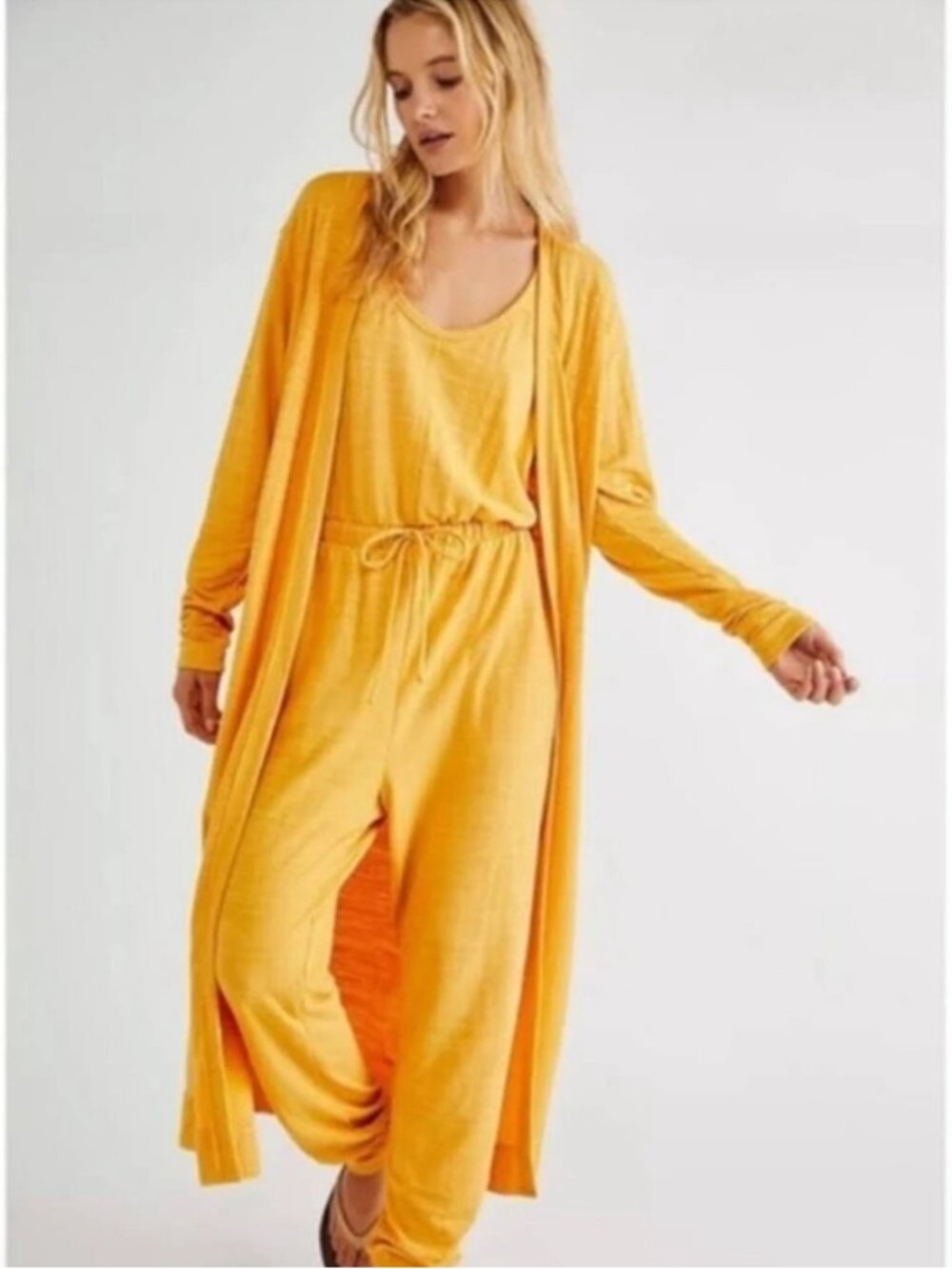 Free People Beach Bicoastal Open Front Mustard Yellow Maxi Cardigan Duster S